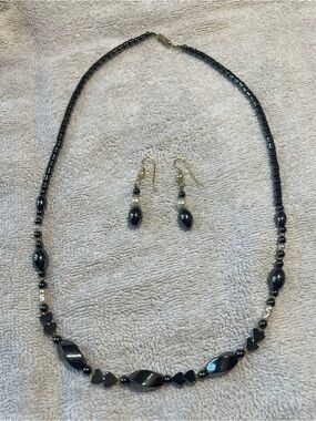 Hematite Bead Necklace and Earrings Set - Black